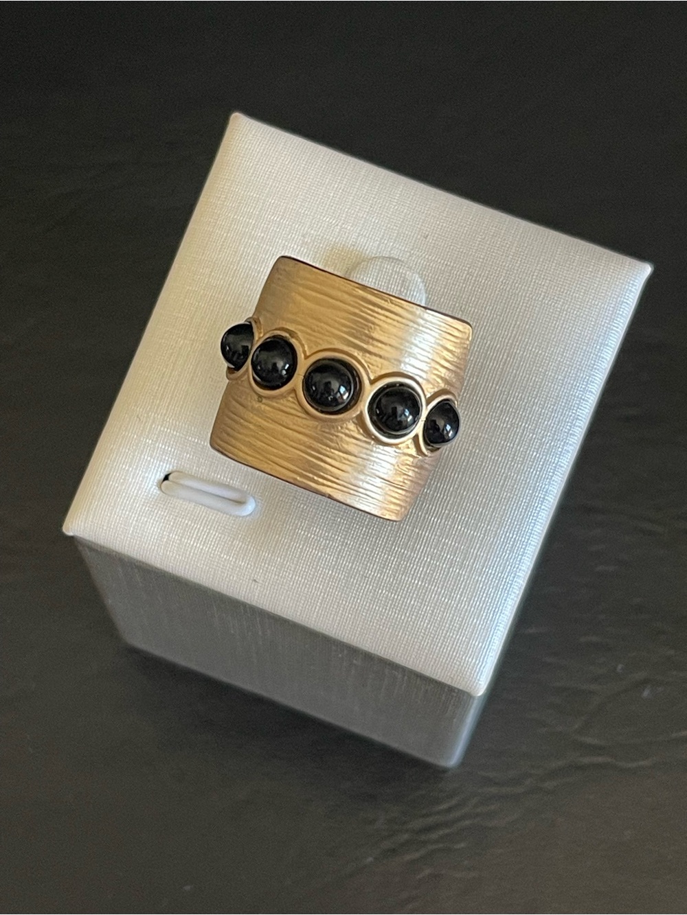 Gold-Tone Wide Band Ring with Black Stone Accents - Picture 4 of 8